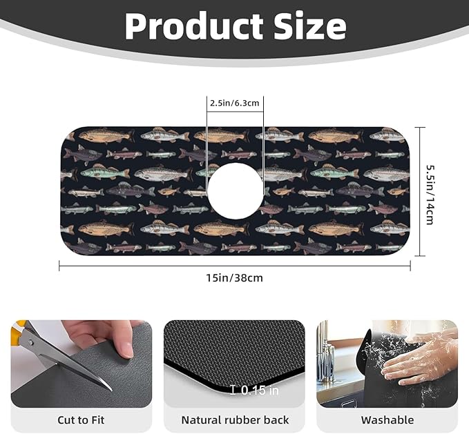 Vintage Fish Fishes Ocean Fishing Kitchen Sink Splash Guard Faucet Mat Super Absorbent Fast Drying Mat Sink Gadgets-Fast Drying Pad Sink Mat For Kitchen Bathroom (15" X 5.5" )