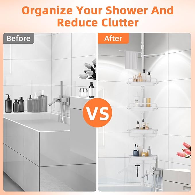 32-122inch Corner Shower Caddy Tension Pole All White, Rustproof Drill-Free Shower Shelves for Bathroom Bathtub Washbasin, Adjustable Shower Organizer with 4 Tier Patent Shelves & Towel Bars
