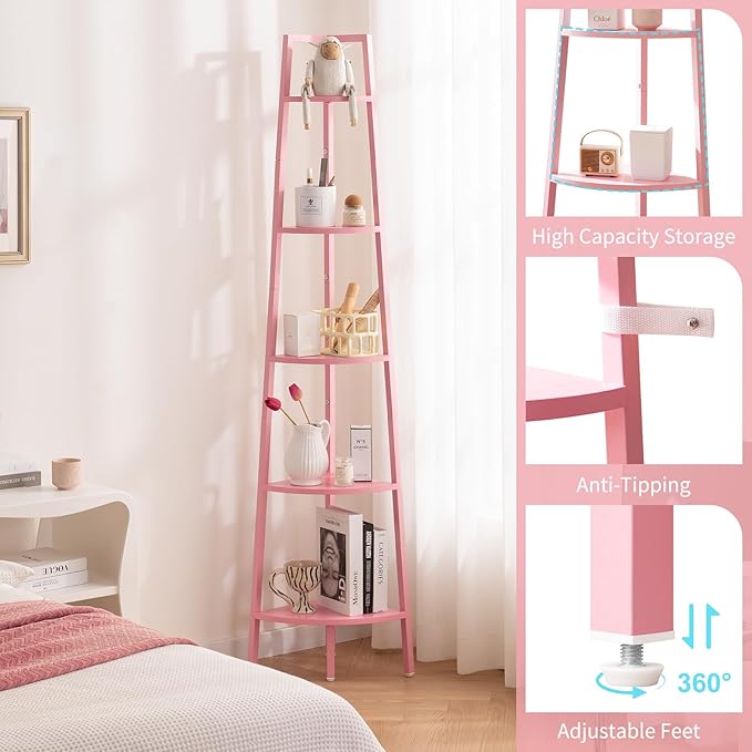 Yoobure Corner Shelf, 5-Tier Corner Bookshelf with Metal Frame, Ladder Corner Shelves Display Shelf for Bedroom Living Room, Tall Corner Bookcase Corner Plant Stand, Wood Small Corner Shelf Stand Home