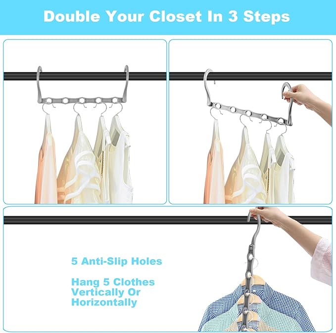 DUCOO 10 PCS Space Saving Hangers, 5-Hole Magic Hangers - Sturdy Plastic Hanger, Closet Organizers for Clothes Storage, College Dorm Essentials, Home Organization (Gray)