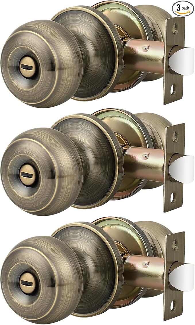 Probrico Privacy Door Knobs Lock Interior Bedroom Bathroom Door Handle Antique Brass Round Ball Keyless Lockset 3 Pack