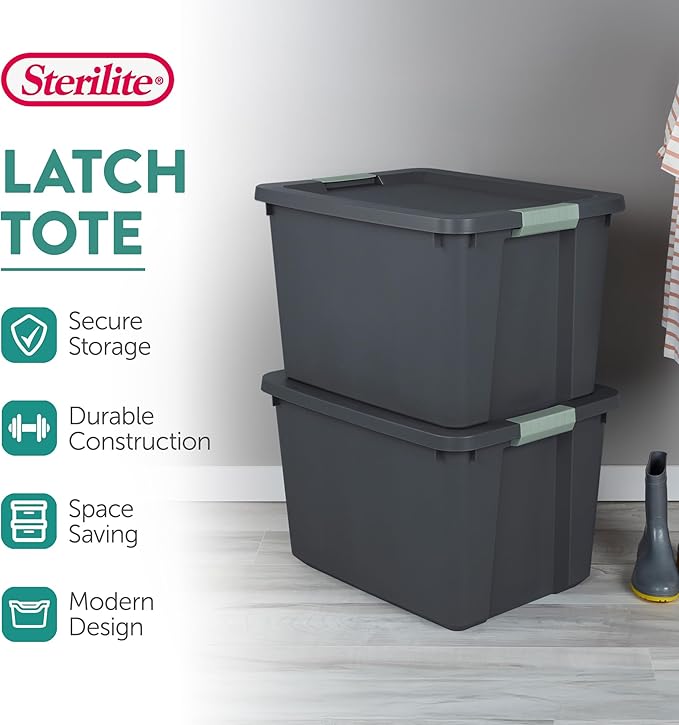 Sterilite 24 Pack 20 Gallon Latch Tote, Stackable Plastic Storage Bin Container, Gray/Green