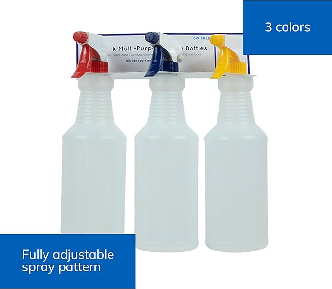 SprayCo 32oz Spray Bottle, 3 Pack – Adjustable Nozzle, Built-In Dilution Scale, Heavy Duty Plastic, Cleaning, Gardening, Auto Detailing, Made in USA