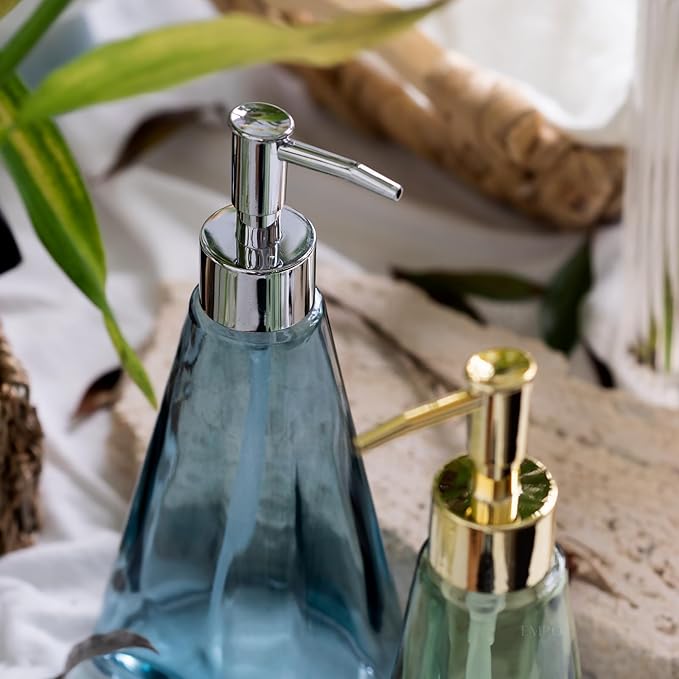 EMPO Vintage Elegant Glass Soap Dispenser, Liquid Soap/Sanitizer/Shampoo Bottle with Golden ABS Pump, Rustic Farmhouse Decor Hand Soap Dispenser Bathroom Accessories (Ripple Yale-Blue)