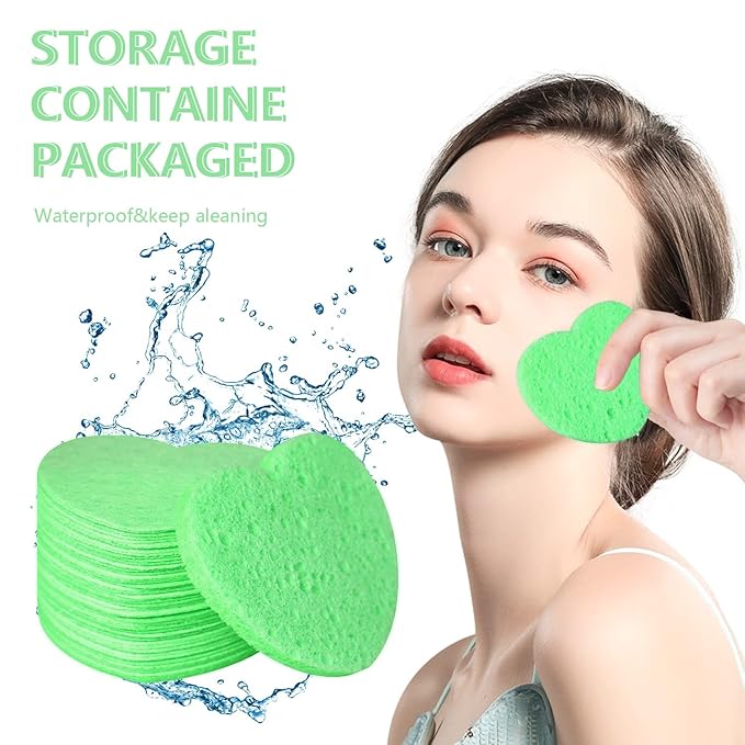 100-Count Compressed Facial Sponges for Estheticians Heart Shape Natural Cellulose Sponge Professional Cosmetic Spa Sponges for Face Cleansing, Massage, Pore Exfoliating, Mask, Makeup Removal, Green