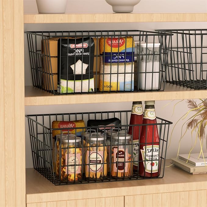 SANNO Large Freezer Baskets Metal Storage Organizer Bin Basket Wire Storage Basket for Kitchen Pantry Bathroom Large Metal Farmhouse Food Fruit Produce Organizer Bins,black,4