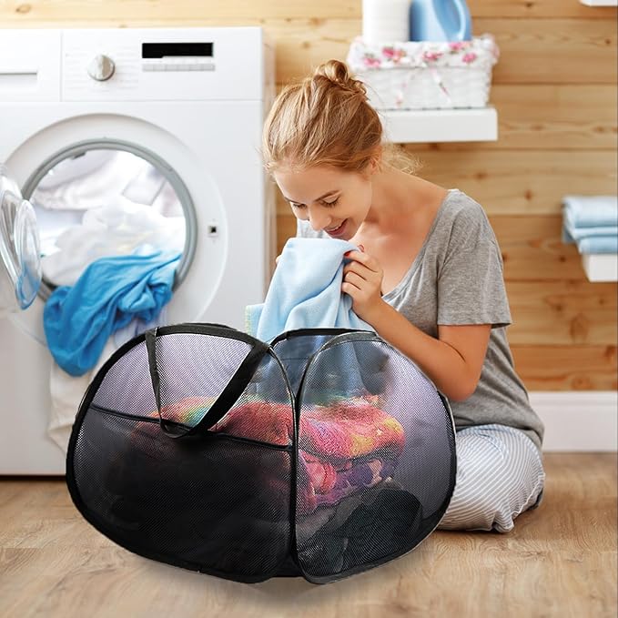 Collapsible Laundry Baskets, 90L Large Foldable Laundry Basket, Durable Mesh Pop Up Hampers for Laundry, Dirty Clothes Laundry Hamper for Bedroom, Bathroom, Dorm, Laundry Room, Travel, Camping Black