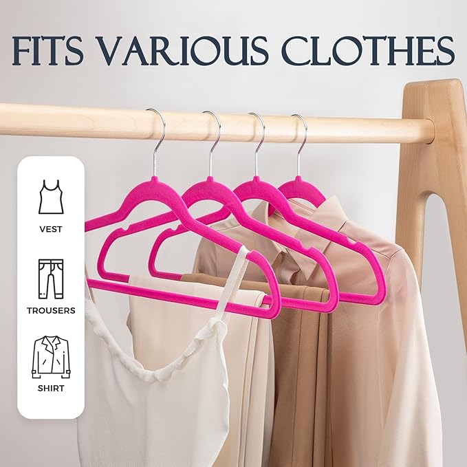 HOUSE DAY Rosy Red Velvet Hangers 60 Pack, Non Slip Clothes Felt Hanger Heavy Duty for Coat, Premium Slim Space Saving Suit Hangers for Closet Organizer, 360° Rotating Silver Hook