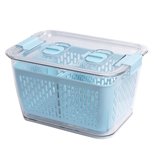Kitchen Spaces Colander Bin, Produce Saver, Fridge Organizer With Lid, Wash, Strain and Store, Great for Refrigerator, Freezer and Pantry, Medium, Blue, Pack of 1