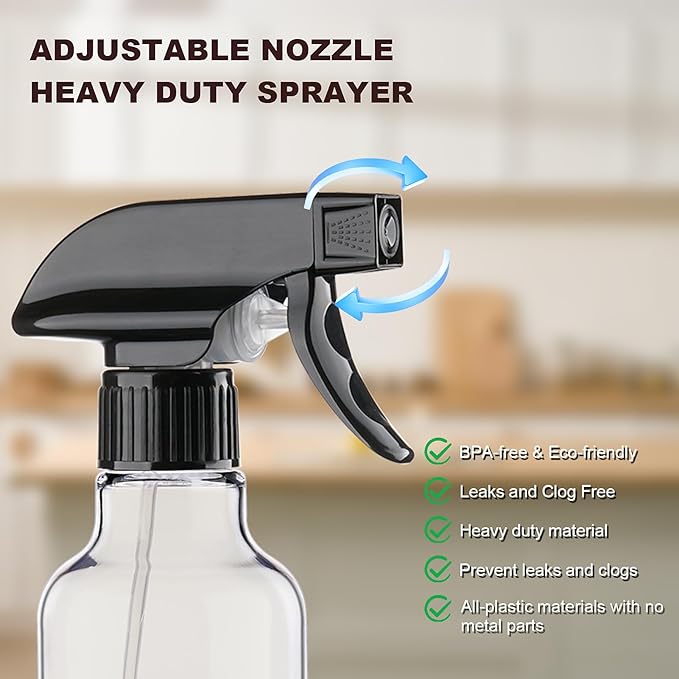 Spray Bottles Plastic Spray Bottle for Hair Mist/Stream Heavy Duty Empty Spray Bottles for Cleaning Solutions, Plants, Cooking (12oz-Blackclear+nozzle)