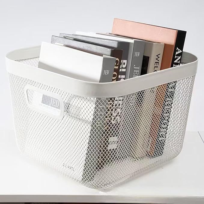 Metal Mesh Steel Baskets, Household Wire Storage Organizer Bin Garden Harvest Basket Multi-functional Fruit Baskets with Handles for Kitchen Bathroom Picnic Shopping Decor Cabinet Home, White