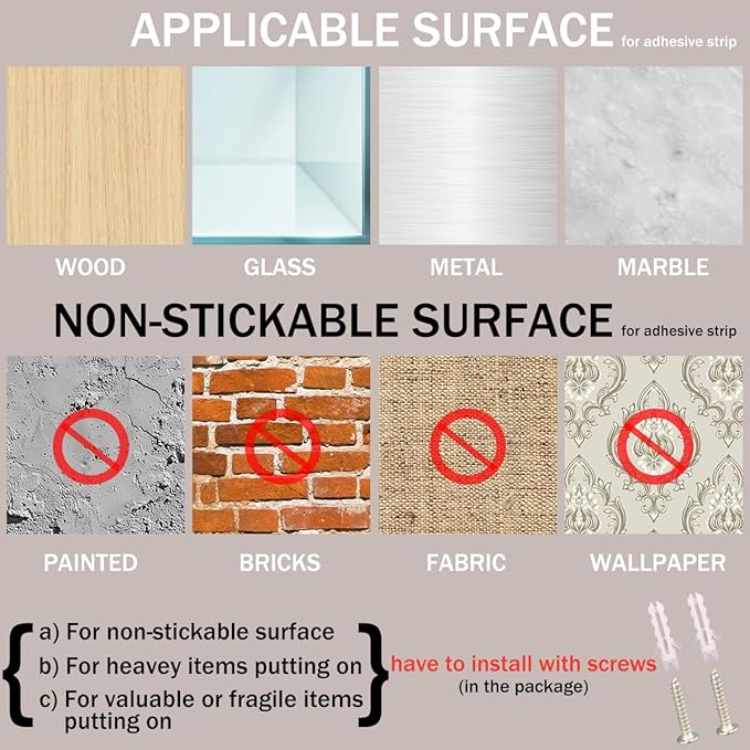 EHKIT Small Floating Shelf Heavy Acrylic Adhesive Stick on Sticky Strips/Nail Screws Wall Mount Bathroom Organizer Wipes Phone Glasses Essential Oil Perfume (Silver)