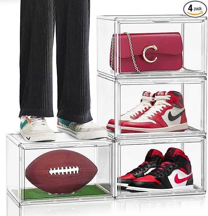 EDS FAM 4 Pack Large Acrylic Shoe Boxes Sneaker Storage for Sneakerheads Clear Plastic Stackable Boot Shoe Collectibles Display Case, Size 13
