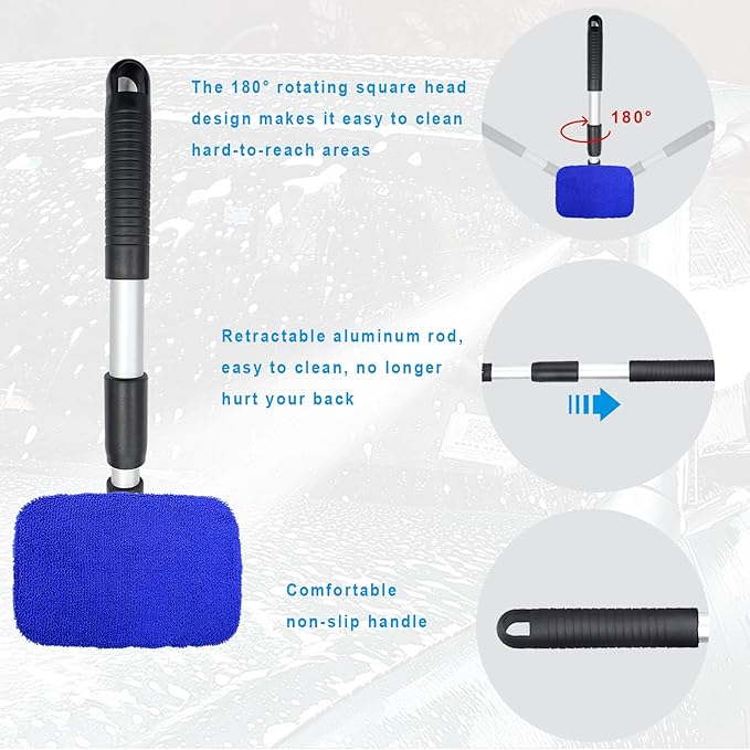 Ziciner Car Windshield Cleaner, Microfiber Auto Cleaning Wiper with Aluminum Extendable Handle and 2 Washable Reusable Cloth Pad Head, Universal Vehicle Interior Exterior Cleaner Kit (Blue-Rectangle)