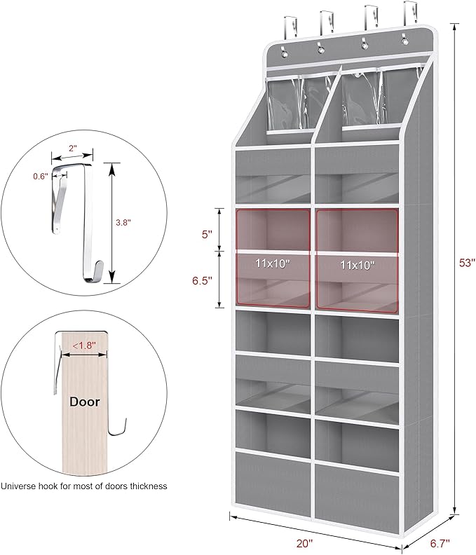 Univivi 5-Shelf Fabric Door Organizer Over Door Hanging Organizer with 8 Deep Pockets and 4 Small PVC Pockets Hanging Storage Organizers for Baby Nursery(Grey)