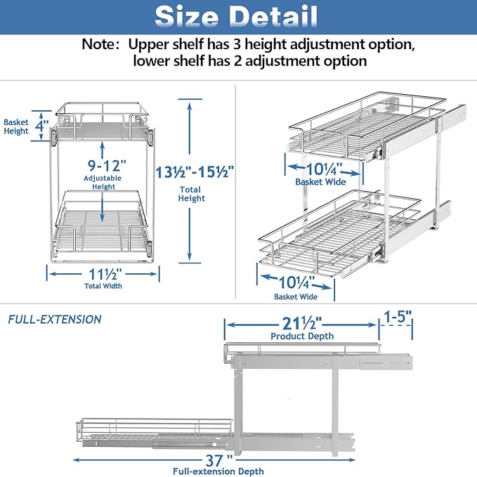 MODCART 2 Tier Individual Pull Out Cabinet Organizer 11½" W x 21½" D, Heavy Duty Cabinet Pull Out Shelves, Slide Out Drawers Organization for Kitchen Cabinets Bathroom
