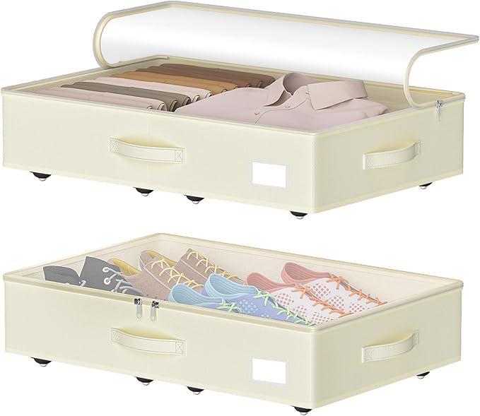 EE-RoomWorld Under Bed Storage with Wheels, No Assemble Required 5.5 inches height beige under bed storage bins,Low Profile Rolling Underbed Shoe Storage containers，dorm underbed storage drawers