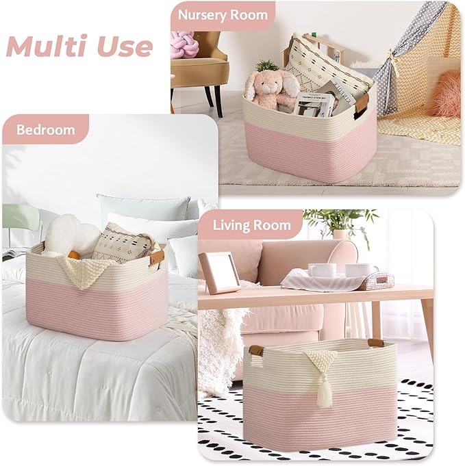 danpinera Woven Rectangle Storage Basket, Large Blanket Basket for Living Room,Kids Room, Storage Bin Box with Handle for Pillows, 22’’*17’’*11.8’’, 72L, White/Pink