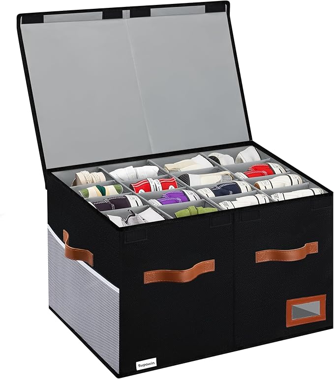 Shoe Organizer for Closet, Foldable Shoe Storage Bins with Lid & Adjustable Dividers, Fabric Shoe Box Storage Containers with Four Reinforced Handles, Fits 16 Pairs, 1 Pack, Black