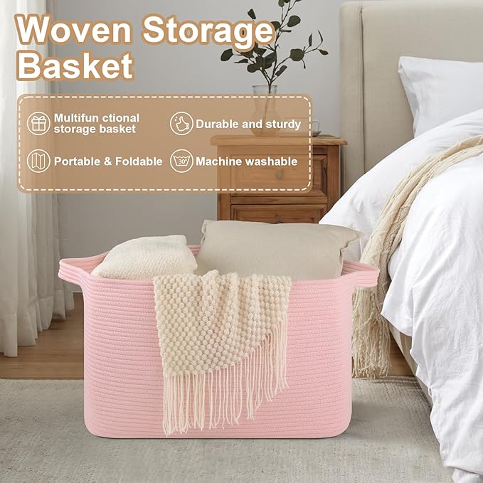 95L Extra Large Blanket Basket, 24" x 16.9" x 14.2" Woven Storage Basket for Living Room, Rectangle Nursery Blanket Storage for Toys, Towels, Dirty Clothes (Pink)