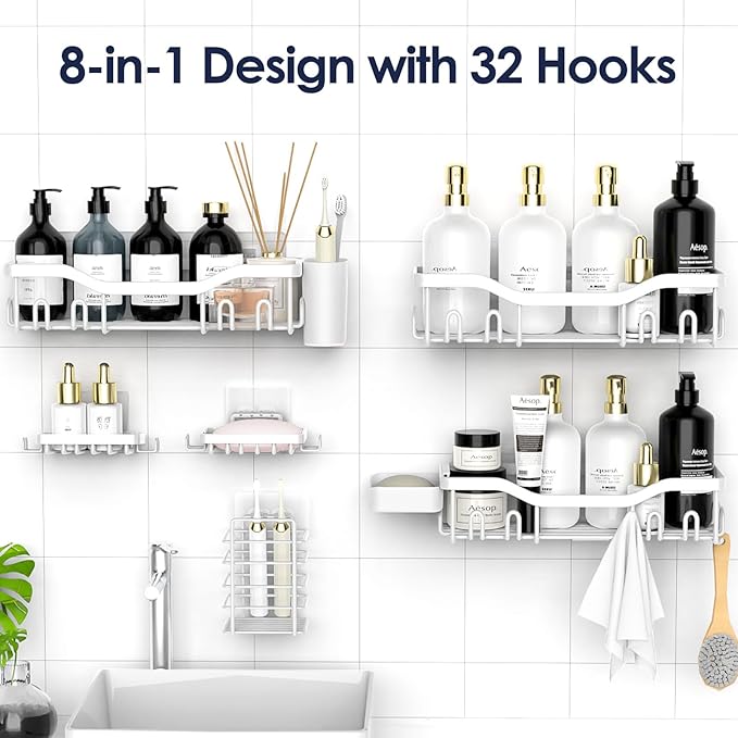 Shower Caddy Adhesive Shower Organizer 8-Pack, Rustproof Stainless Steel Bathroom Shelves, Large Capacity No-Drill Rack Storage Accessories with Soap Dish Toothbrush Holder Hooks