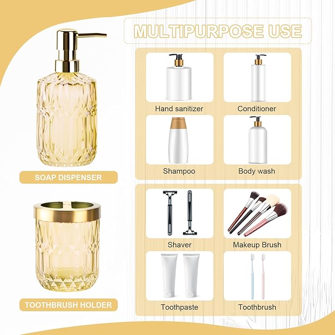 Glass Bathroom Accessories Set, 2PCS Clear Glass Bathroom Accessory, Toothbrush Holder and Soap Dispenser Set for Modern Bathroom Decor(Clear Gold)