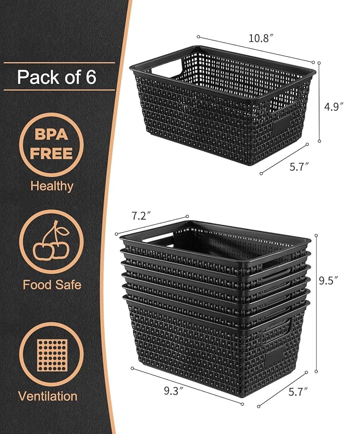 Set of 6 Baskets For Organizing, Plastic Storage Bins and Small Basket for Organization and Storage Shelves Drawers Desktop Closet Playroom Classroom Office, Black