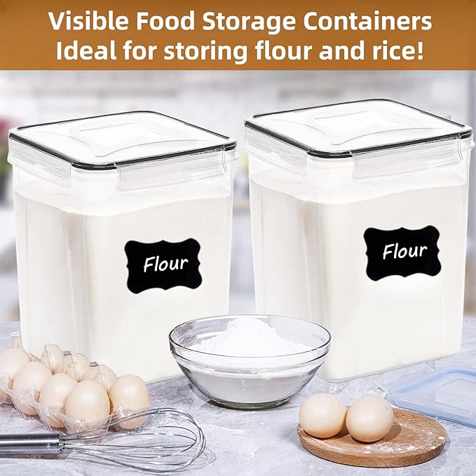 stusgo 5.2L (175oz) 4-Pack Airtight Food Storage Containers with Organization Kit - BPA-Free Plastic Canisters for Flour, Sugar, Rice & Baking Supplies, Includes Lids, Measuring Cups & Labels, Black