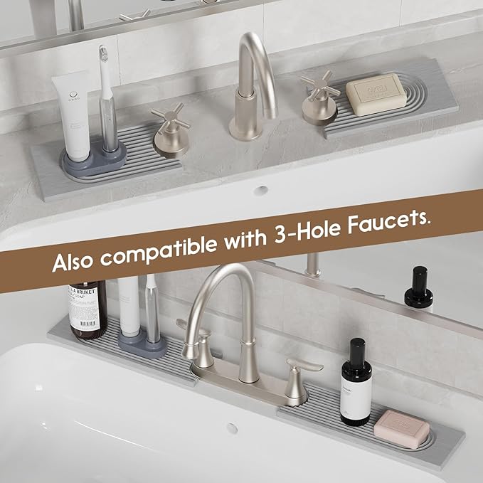 Faucet Mat for Kitchen Sink, Diatomite Quick Drying Tray , Long 23.6'' Kitchen Sink Splash Guard and Bathroom Stone Tray for Counter. Super Absorben.Light Grey.