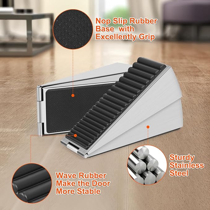 Adjustable Large Door Stoppers, Heavy Duty Door Stoppers for Bottom of Door, Door Stop with Strong Grip Stainless Steels for Heavy Duty and Usual Doors, Silver