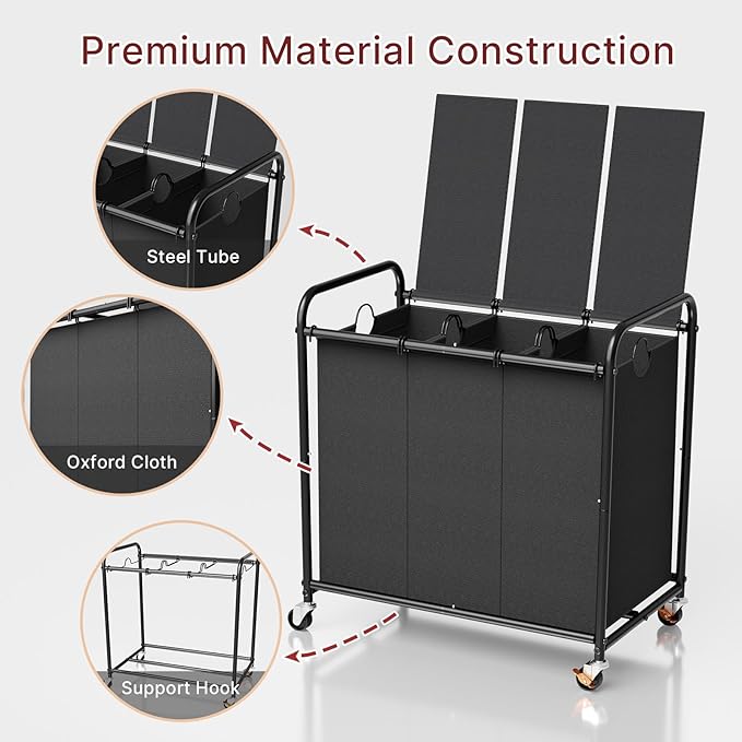 3-Compartment Laundry Cart with Lockable Wheels & Lid 180L Large Wheeled Laundry Basket Heavy-Duty Sorting Organizer for Laundry Room (Black)