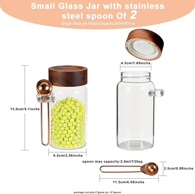 Patoper Glass Coffee Jars Spice Jar Round Storage Canister with Wooden Lid Clear Glass Food Jar for Pantry Sugar Tea Coffee Bean Spice Nuts Cookies Bath Salts (2×250ml(8.4oz) with scoop)