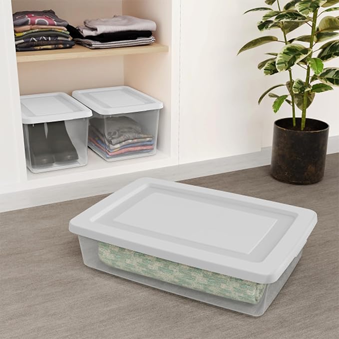 Sterilite 24 Pack Storage Boxes, Clear Plastic Stackable Containers, Lightweight Home Organizers with Snap Lids, 20 Quart, White