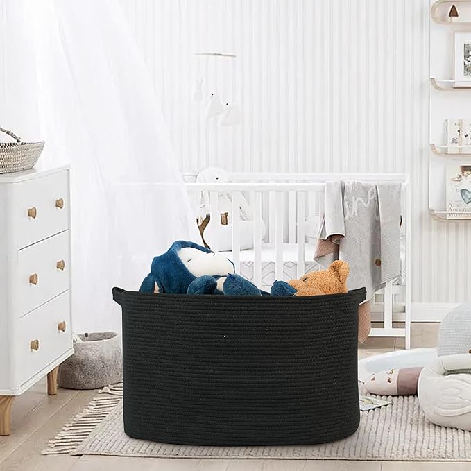 Extra Large Basket for Blankets, 23.6" x 17" x 12" Black Blanket Storage for Living Room, Big Cotton Rope Pillow Holder, Rectangle Kid Dog Toy Bin Box, Woven Laundry Basket, Shoe Bin Entryway