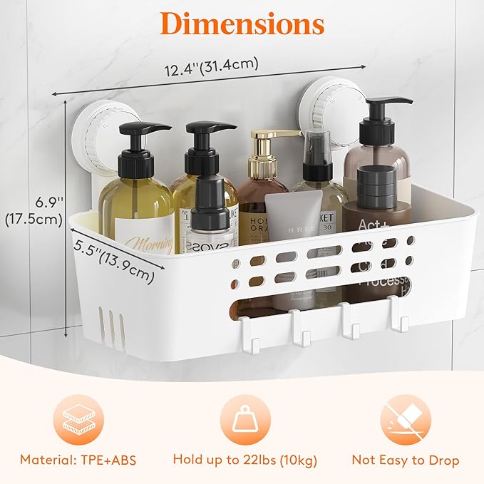 Lifewit Shower Caddy Suction Cup, NO-Drilling Bathroom Organizers and Storage Rack for Inside Shower, Plastic Removable Shower Shelves for Shampoo Strong Vacuum Suction, 31 cm/12 inch Long, 2 Pack