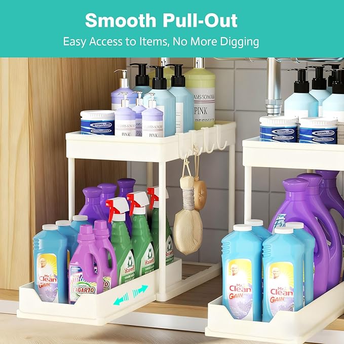 Under Sink Organizers and Storage 2 Pack, Pull-Out Sliding Cabinet Organizer with 2-Tier Storage Shelf & 4 Hooks, Multi-Purpose for Kitchen & Bathroom (13 Inch, White)