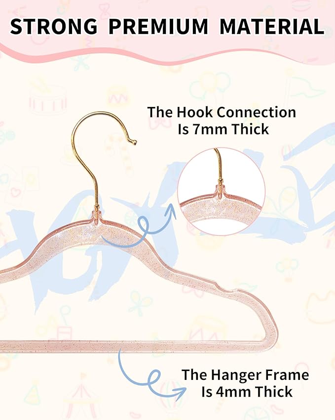 HGYZE Kids Hangers, Plastic Baby Clothes Hanger 50pcs Toddler Hangers, Clear-Pink Sparkling Hangar with Gold Glitter for Girl Nursery Children Coat Sweater, Small Hanger for Infant Newborn Closet
