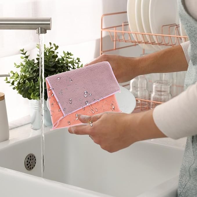 TEHAUX 2pcs Kitchen Dish Towels Absorbent Dual-Layer Microfiber Cleaning Cloths with Hanging Loop 20x30cm for Household Washing and Scouring