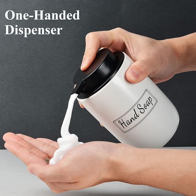 BosilunLife Foaming Soap Dispenser Set - White Ceramic Foam Hand Dispenser 12oz Soap Dispenser Set with Rust Proof Pump, 4Pcs Clear Stickers for Kitchen, Bathroom - 2 Pack