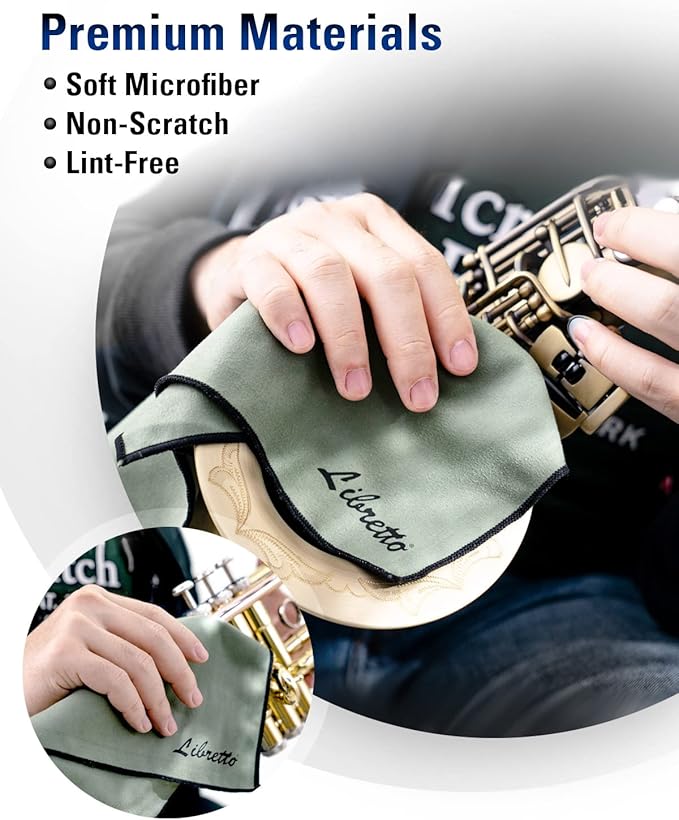 Libretto Microfiber Polish Cloth for Musical Instrument, 3 Sizes in 1 Pack, Trumpet and Brass Cleaning Product, Green, Lint-Free, Super Soft, Gift, for Piano, Violin, Guitar, Saxophone, Laptop.