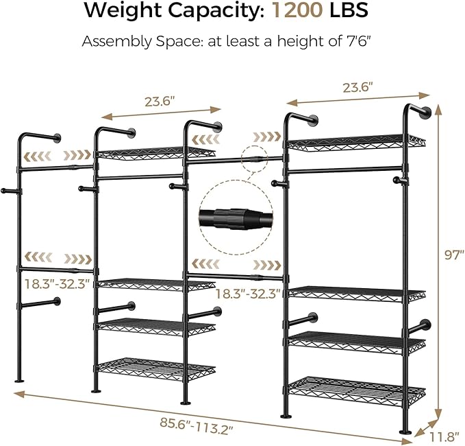 Closet Organizers and Storage, 4-Row Heavy Duty Clothes Rack for Hanging Clothes, Wall Mounted Closet System with 4 Telescopic Rods, 2 Fixed Rods, 5 Hooks, 8 Shelves for Wardrobe, Bedroom, Small Space