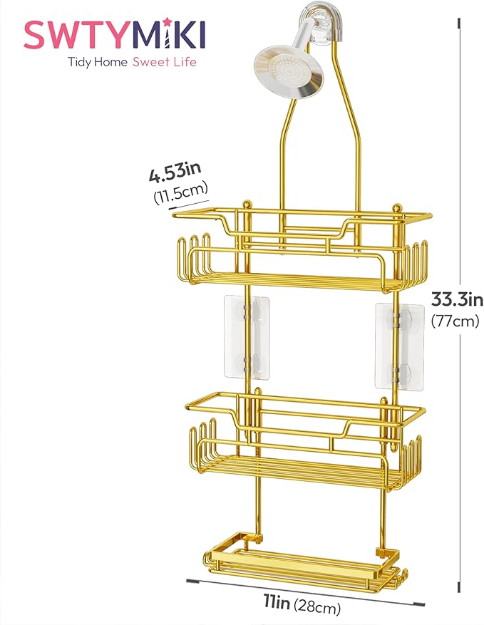 SWTYMIKI Bathroom Shower Caddy Hanging - 3 Tier Rustproof Over Shower Head Organizer, No Drilling Bathroom Shelf with 16 Hooks & Soap Holder, Anti-Swing Rack for Shampoo,Sponge,Towel, Gold