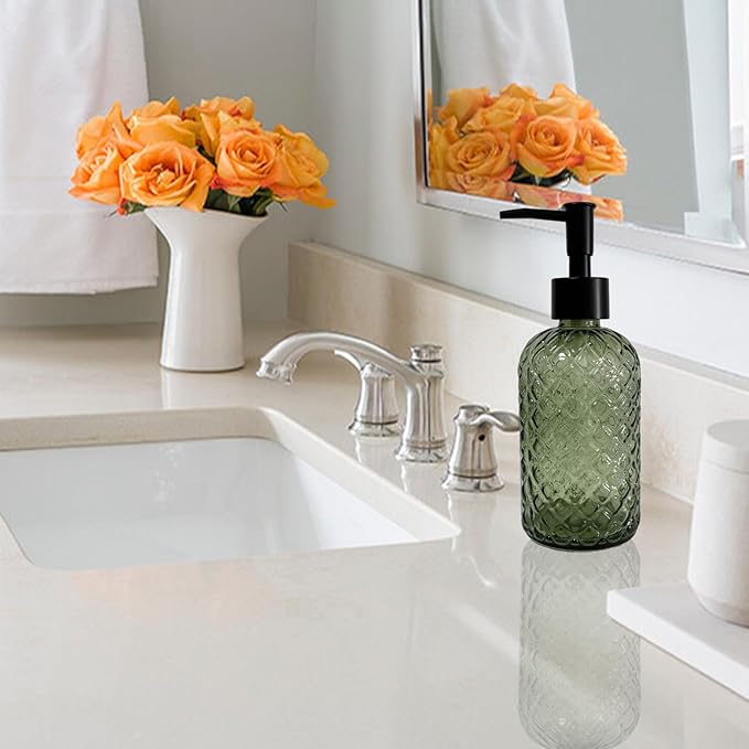 Green Glass Soap Dispenser with Black Pump, 13.5oz Liquid Hand Soap Dispenser Set, Dish Soap Lotion Dispenser for Modern Home Decor, Bathroom, Kitchen Countertop, Hotel
