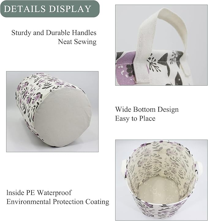Mziart Collapsible Laundry Basket, Floral Printing Large Laundry Hamper for Baby Girls Kids Toys Clothes Organizer Foldable Storage Bin Waterproof Canvas Nursery Storage Basket with Handles (Purple)