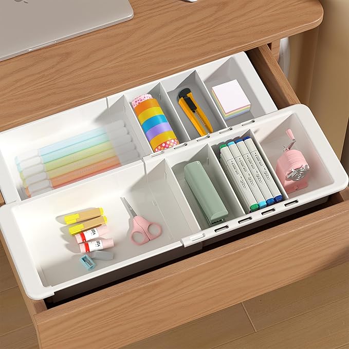 YOOUSOO Expandable Drawer Organizer, 2 PCS Adjustable Drawer Organizer Trays, Drawer Dividers Organizers and Storage For Office Supplies, Pens, Makeup,Utensils, Tools, Flatware and Junks, White