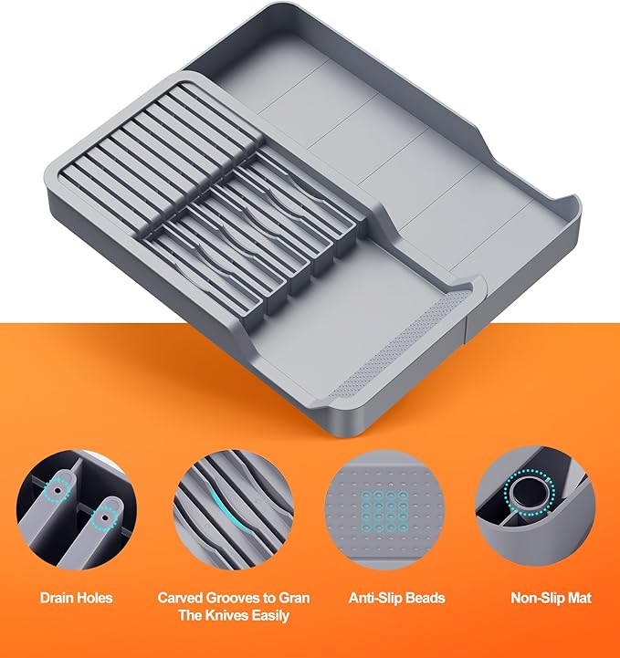 Kitchen Knife Drawer Organizer Grey, In Drawer Knife Block Holder with Expandable Cutlery Tray Compact Organization Drawer Storage Holds Up To 11 Knives (Including Hooks&Sponges)