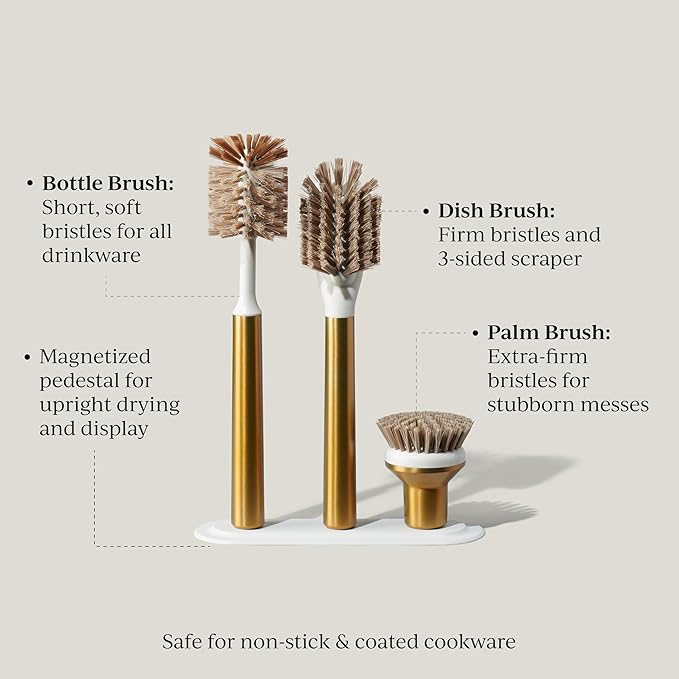 Ionic Brush Set, Magnetized to Stand Upright, Stainless Steel with Replaceable Heads, Brass/Gold