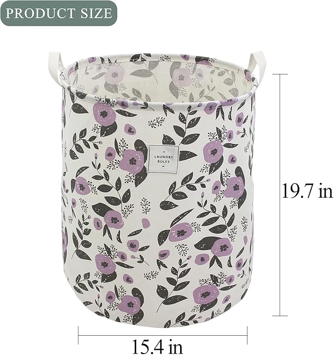 Mziart Collapsible Laundry Basket, Floral Printing Large Laundry Hamper for Baby Girls Kids Toys Clothes Organizer Foldable Storage Bin Waterproof Canvas Nursery Storage Basket with Handles (Purple)