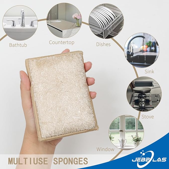 JEBBLAS Bamboo Natural Absorbent Sponges Kitchen Cleaning Sponges Reusable Dish Washing Sponges Beige (8 Pack)