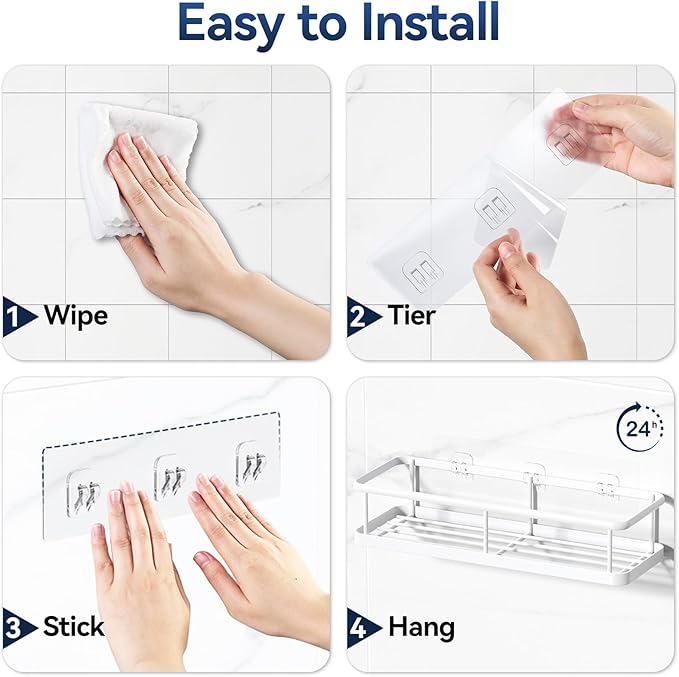 YASONIC 2 Pack Adhesive Strip for Rectangular Shower Caddies, Waterproof Shower Adhesive Strips, No Drilling Sticky Pads for Storage Corner Shelves and Kitchen Racks
